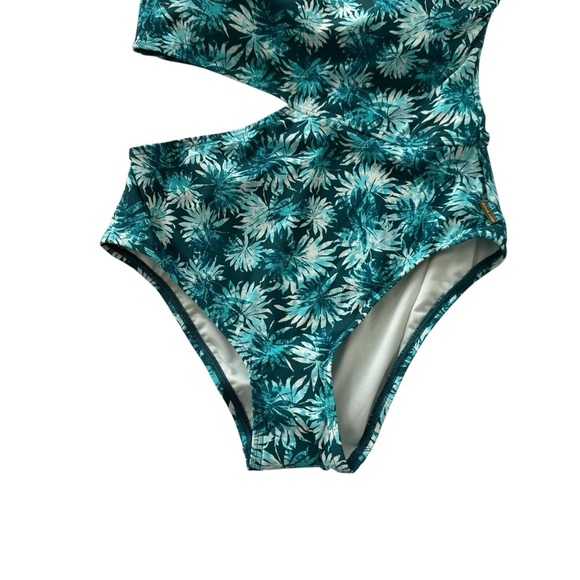 Michael Kors One-Shoulder Aqua Green Leaf Print Swimsuit, size 8 - Picture 3 of 7